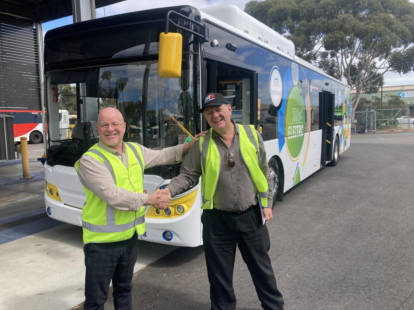Neil Henderson, General Manager, South Australia Busways and Matthew Pantelis FIVAA Radio Announcer taking bus for a spin