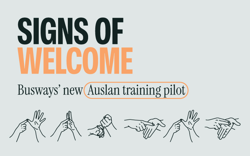 Busways' Auslan training banner with Auslan finger spelling hands