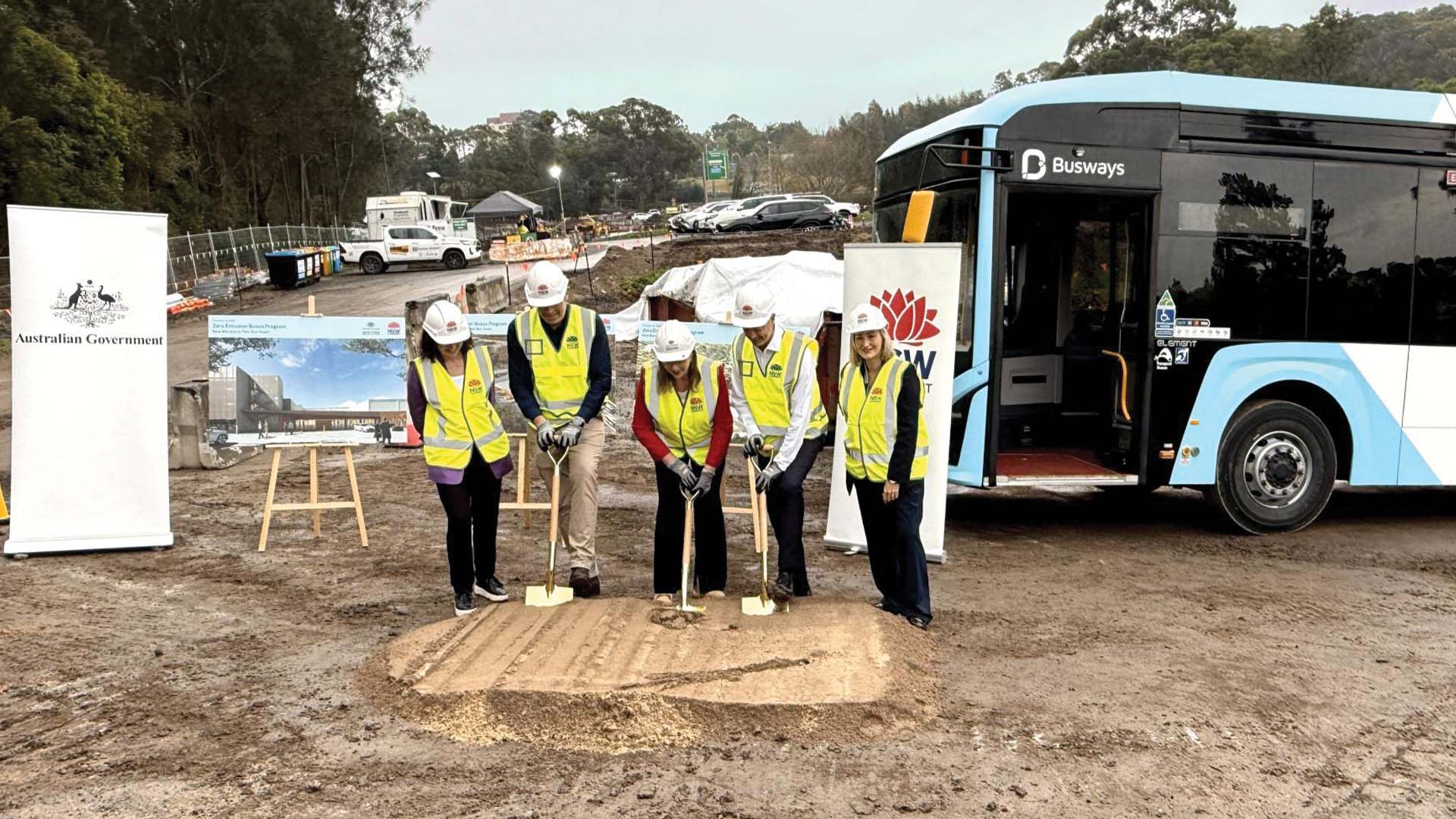 Minister and Busways team shovelling ground for new Macquarie park depot
