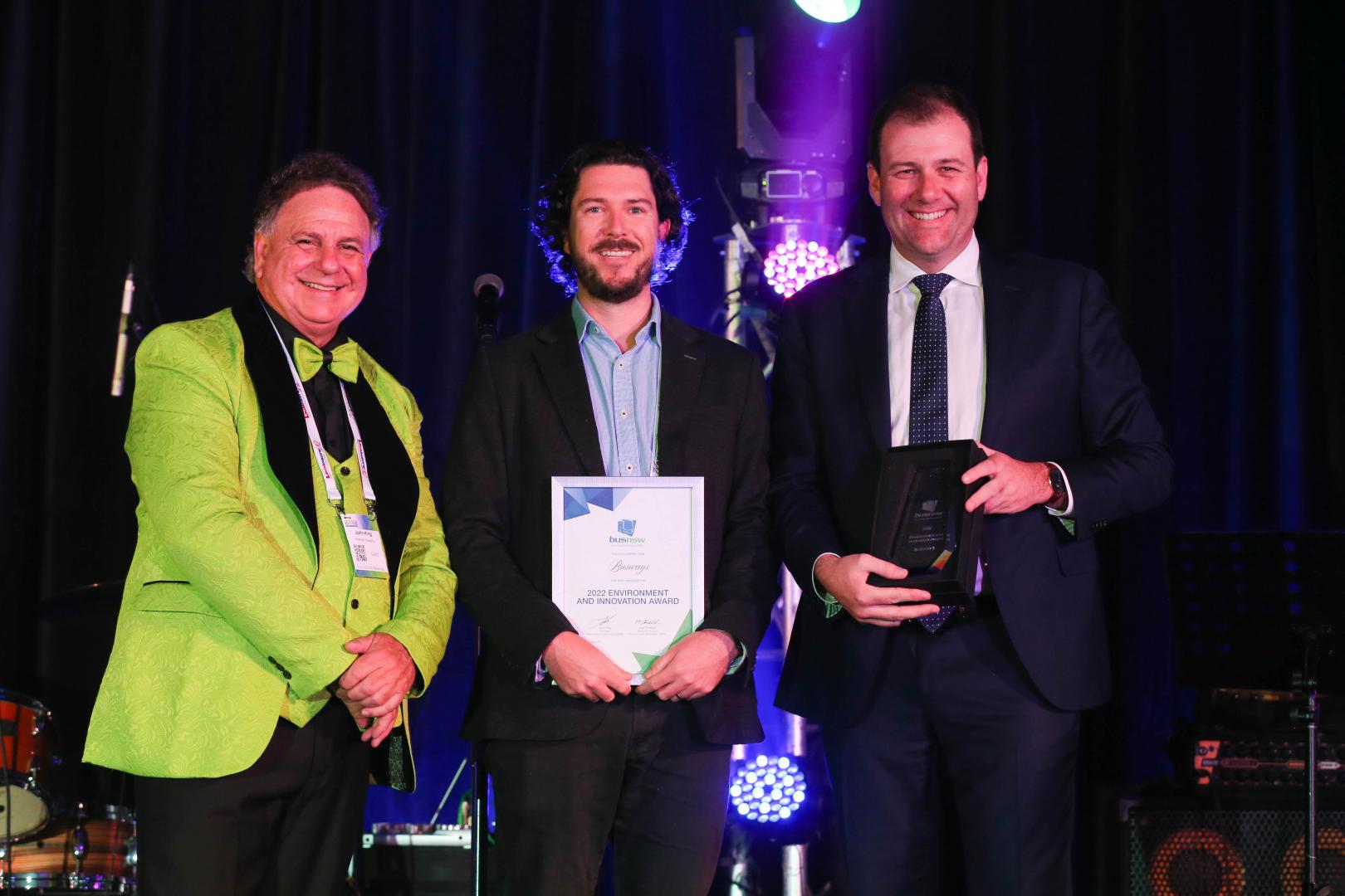 Busways Managing Director accepts the BusNSW Environment and Innovation Award from The Hon. Sam Farraway, Minister for Regional Transport and Roads NSW and Mr John King, president, BusNSW
