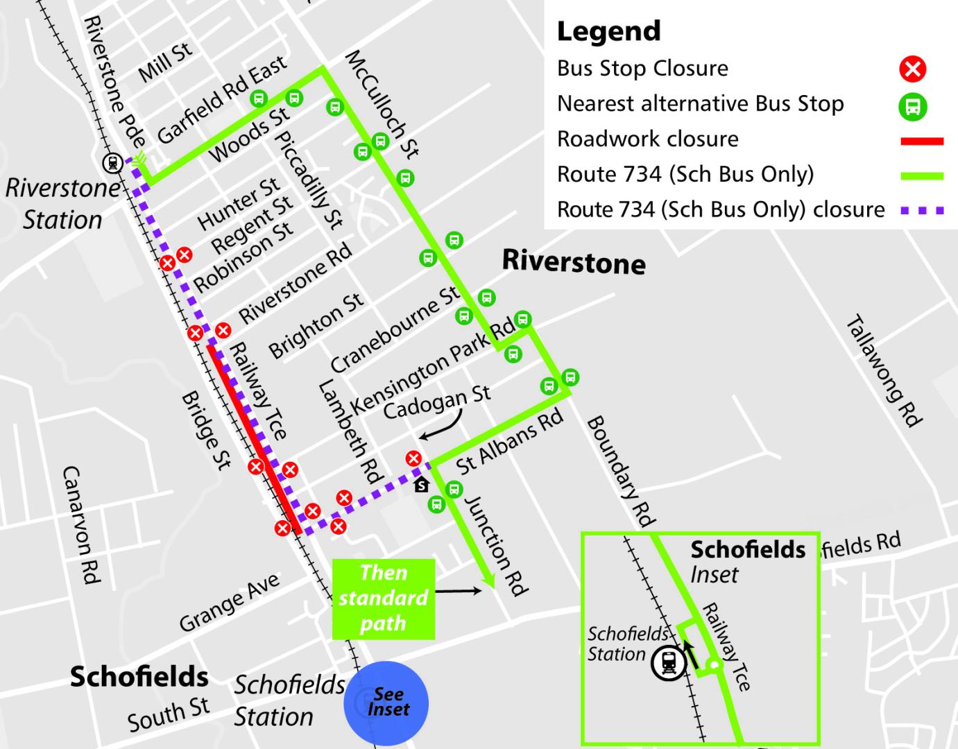 Map showing altered path of school buses during Railway Terrace road works