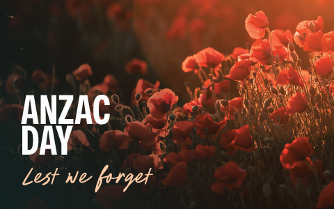 Anzac Day Banner with poppies and text overlay - lest we forget