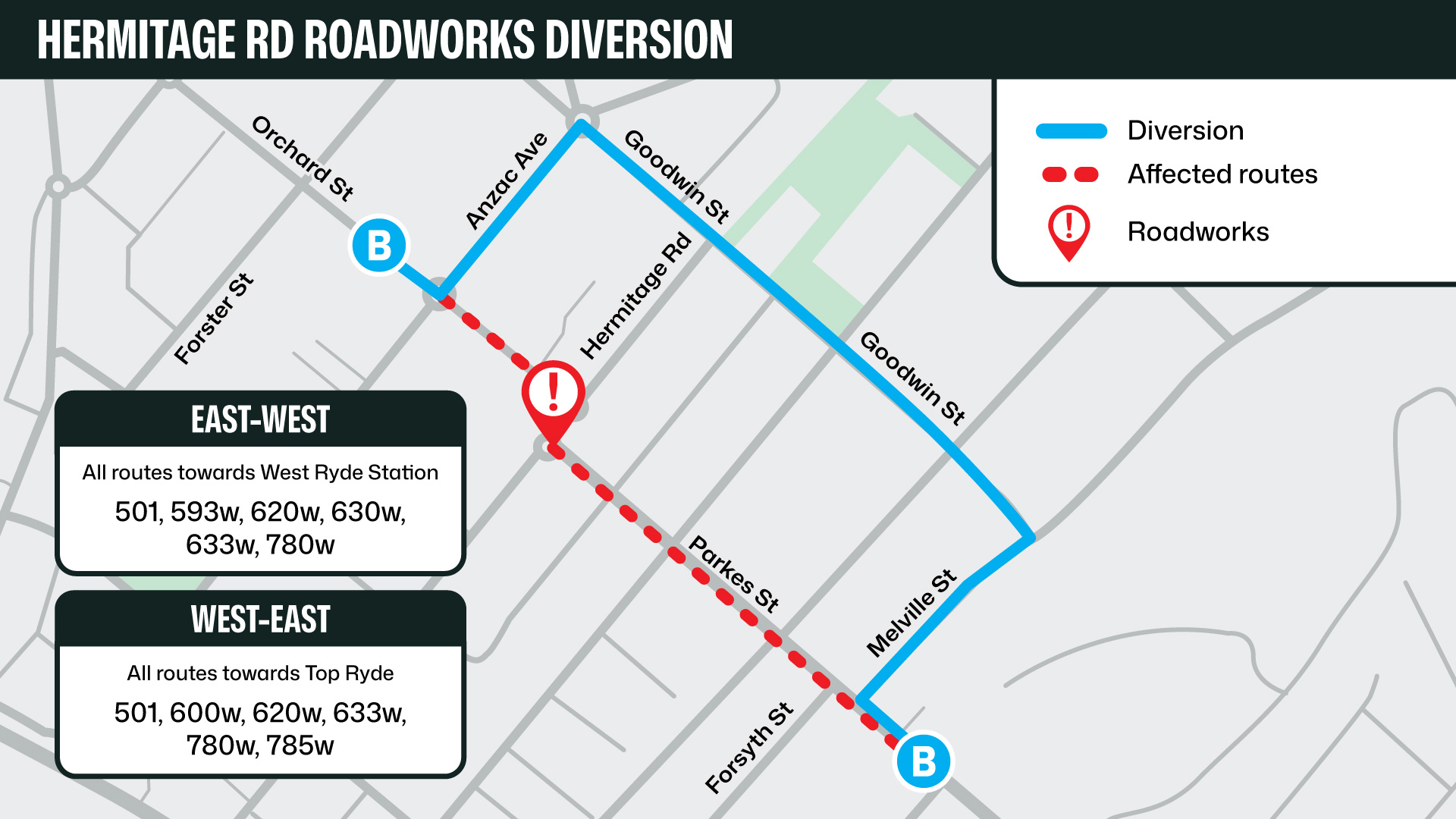 A map showing highlighted route diversions in the affected area.