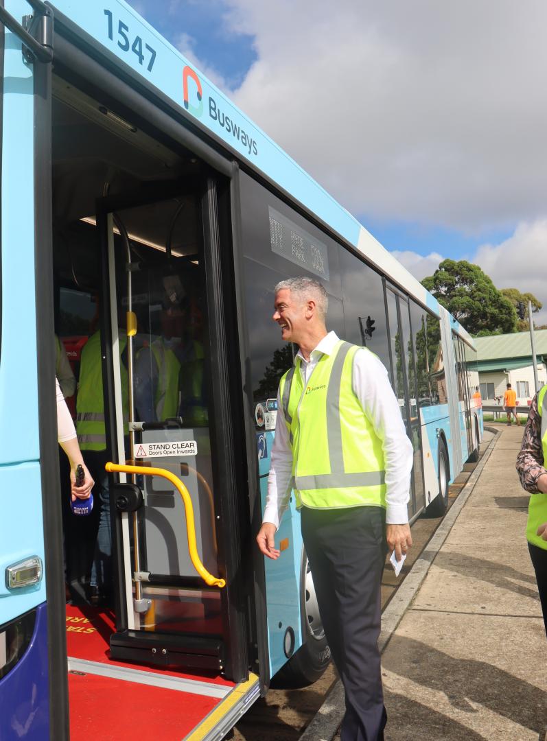 Transport Minister Graham inspects one of the new bendy buses at Ryde Depot