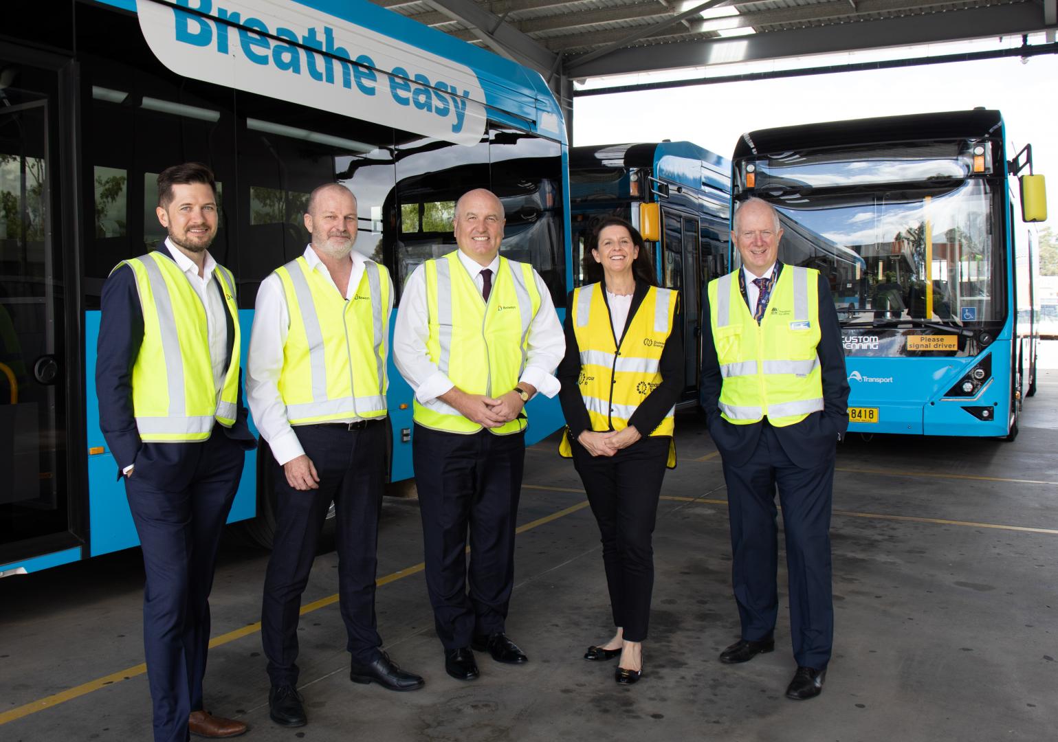 In front of the Busways Zero Emissions buses are L-R: Max Zaporoshenko, Zero Emissions Transport Director, Evenergi; Chris Wolf, Chief Operating Officer, Busways; The Hon. David Elliott Minister for Transport and Veterans Affairs, NSW Government;  Leanne Pickering, Chief Customer & Strategy Officer, Endeavour Energy; and Howard Collins, Chief Operating Officer, Transport for NSW