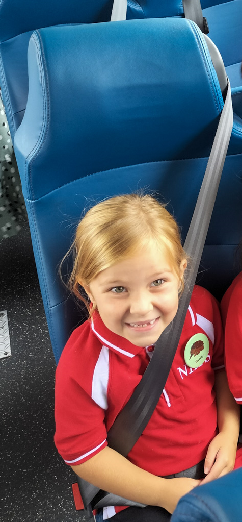Girl learns to use seatbelt in bus