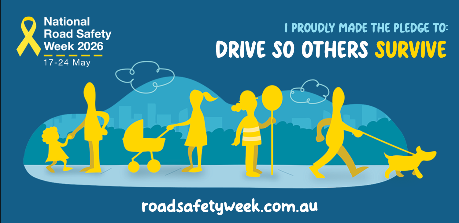 National Road Safety Week Campaign Banner Yellow figures of different types of people using the road