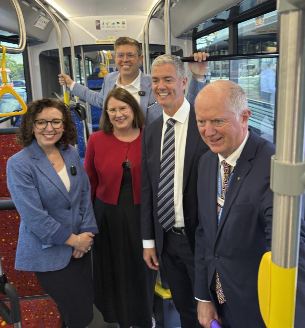 Political representatives Lyndal Howison, Donna Davies, Jerome Leroy, Minister John Graham and Howard Collins on the new bendy bus