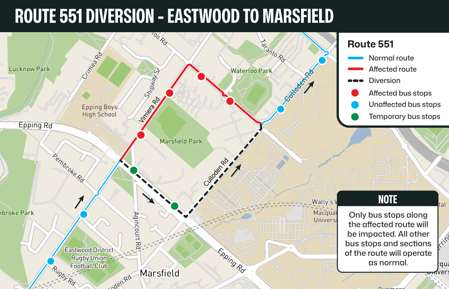 Route 551 map showing diversions
