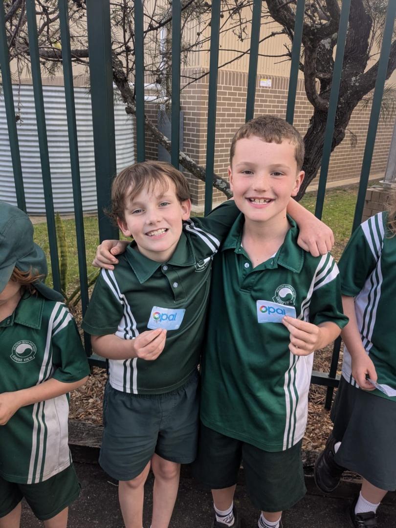 Students showing off their practice opal cards used for boarding the bus for the education program